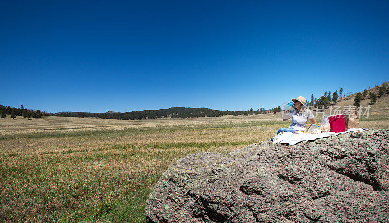 Valles Caldera国家保护区，NM:女人在岩石上野餐